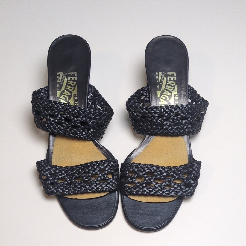 Rare Salvatore Ferragamo Black Braided Leather Slide Mules